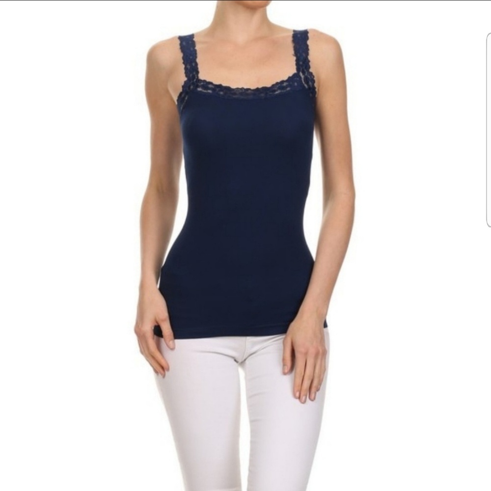 Women's Lace Detail Trim Cami Top Stretchy Navy
